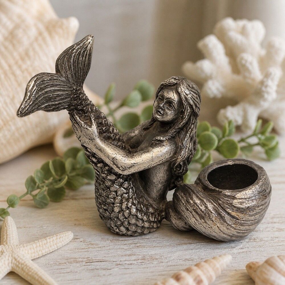 SPI Mermaid Incense Burner Cone Holder Nautical Beach Decor 3 x 3.5” Silver Tone